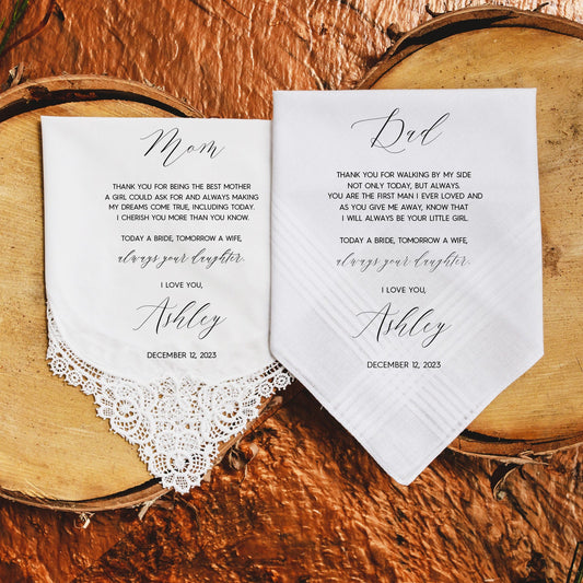 Personalized wedding handkerchief set for Mom and Dad with heartfelt message and lace details