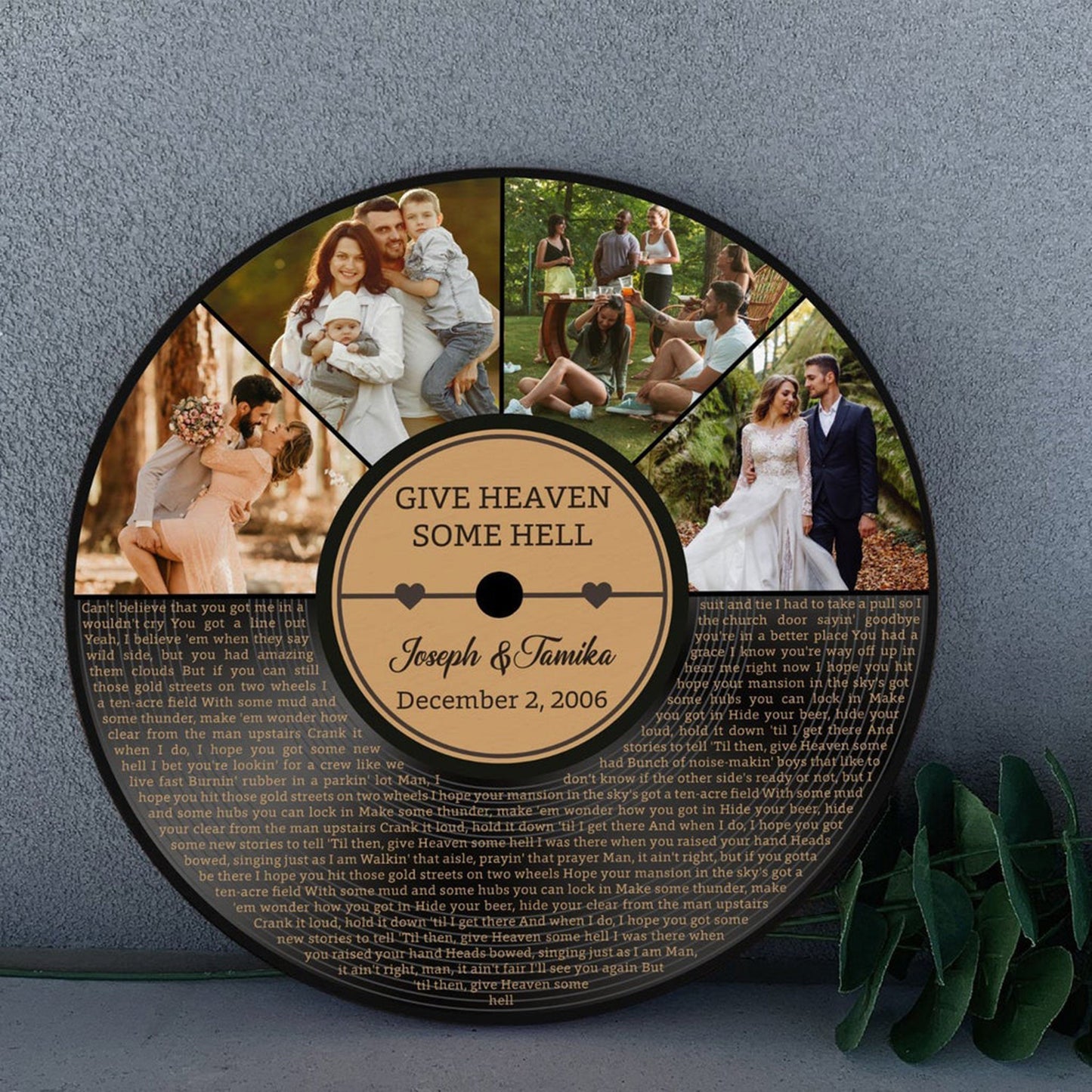 Personalized vinyl record song plaque featuring "You Are the Reason" with custom photos and date. Ideal romantic gift for couples.